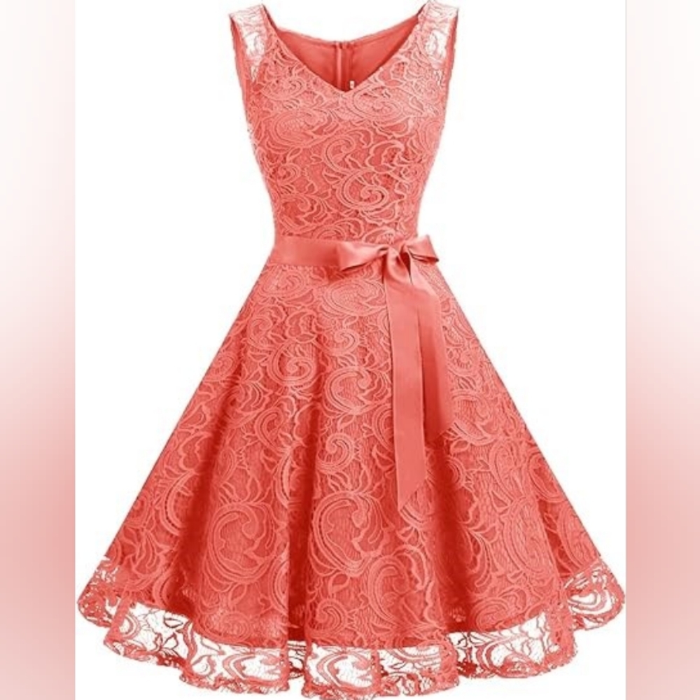 Dressystar Women Floral Lace Short Party Dress - size 2XL, Coral